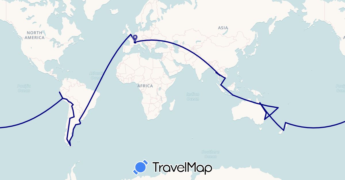 TravelMap itinerary: driving in Argentina, Australia, Bolivia, France, United Kingdom, Indonesia, Cambodia, Myanmar (Burma), Malaysia, New Caledonia, New Zealand, Peru, Thailand, Vietnam (Asia, Europe, Oceania, South America)